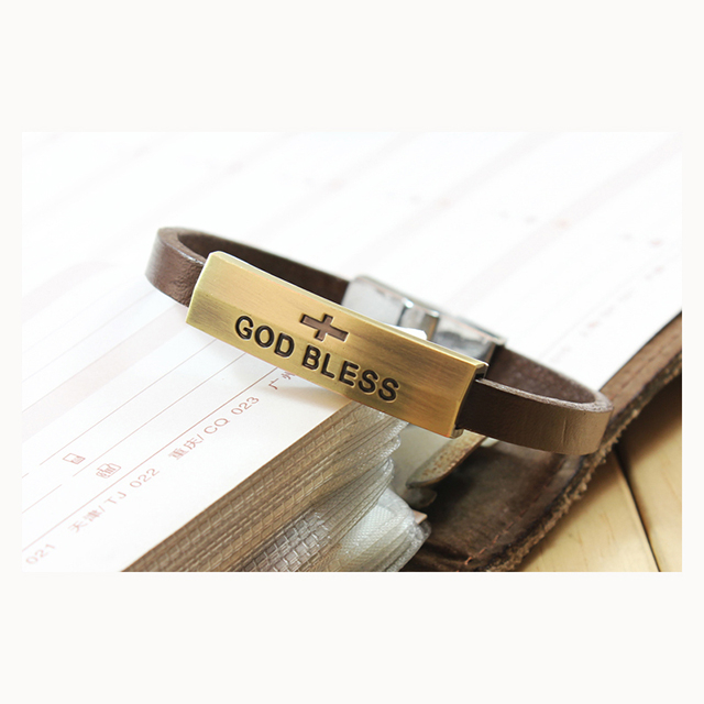 Inspirational Prayer God Bless Genuine Leather Christian Bracelet 